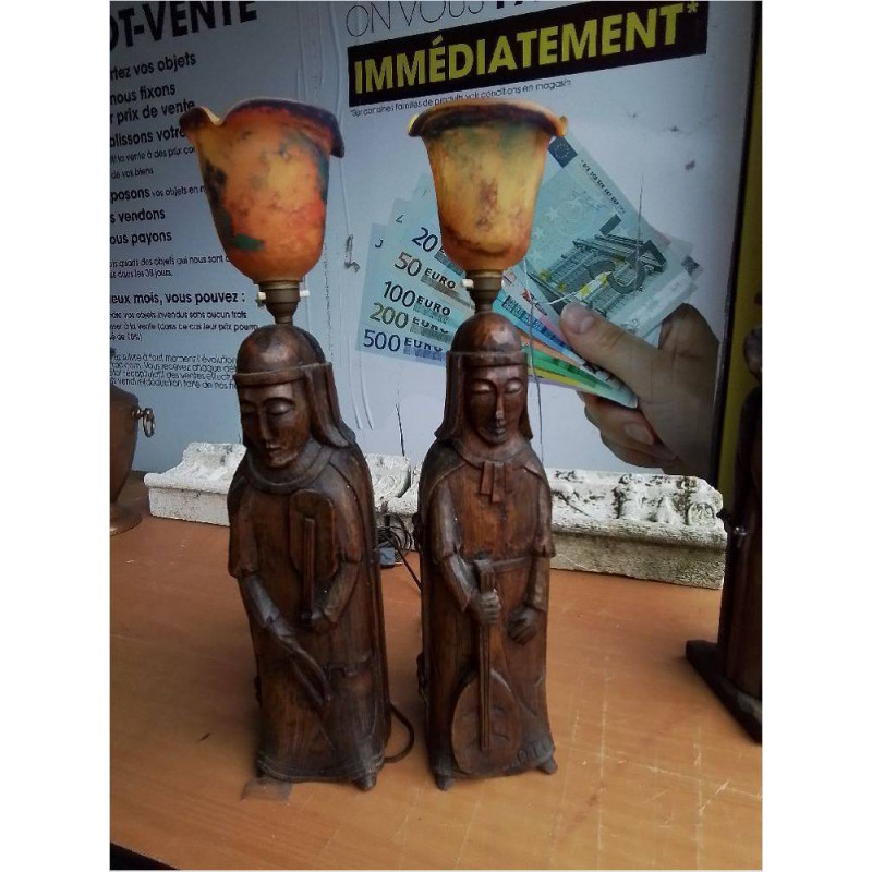 PAIRE LAMPES BOIS PATE DE VERRE 