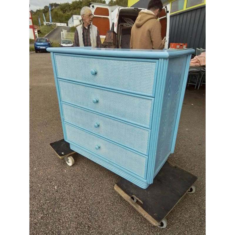 COMMODE BLEUE ROTIN